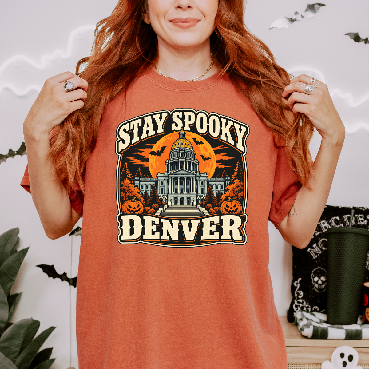 Denver Halloween T-Shirt, Colorado State Capitol, Comfort Colors Retro Pumpkin Souvenir, Spooky Season Bats