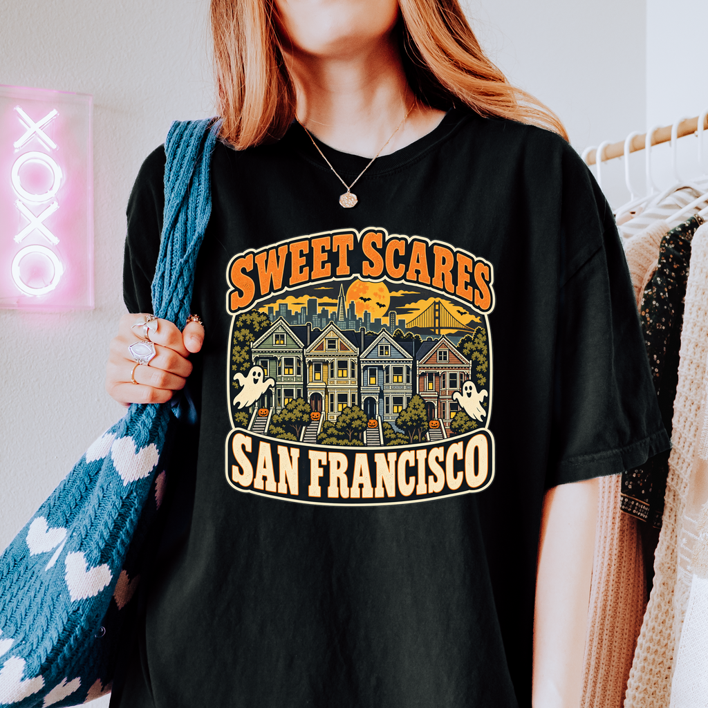 San Francisco Halloween T-Shirt, Painted Ladies Ghosts, Comfort Colors Retro California Souvenir, Sweet Scares