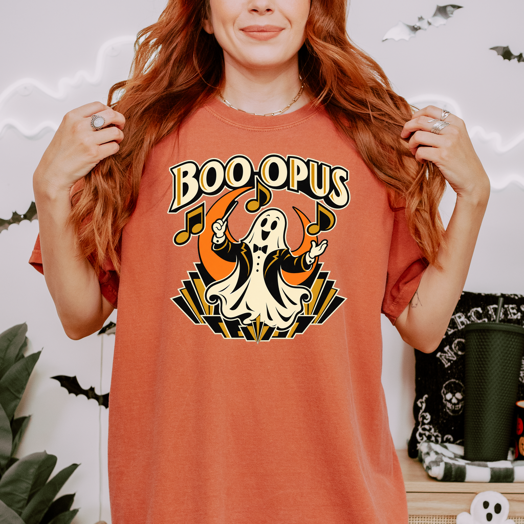 Ghost Music Conductor Halloween T-Shirt, Boo Opus Art Deco Musical Notes, Comfort Colors Spooky Season