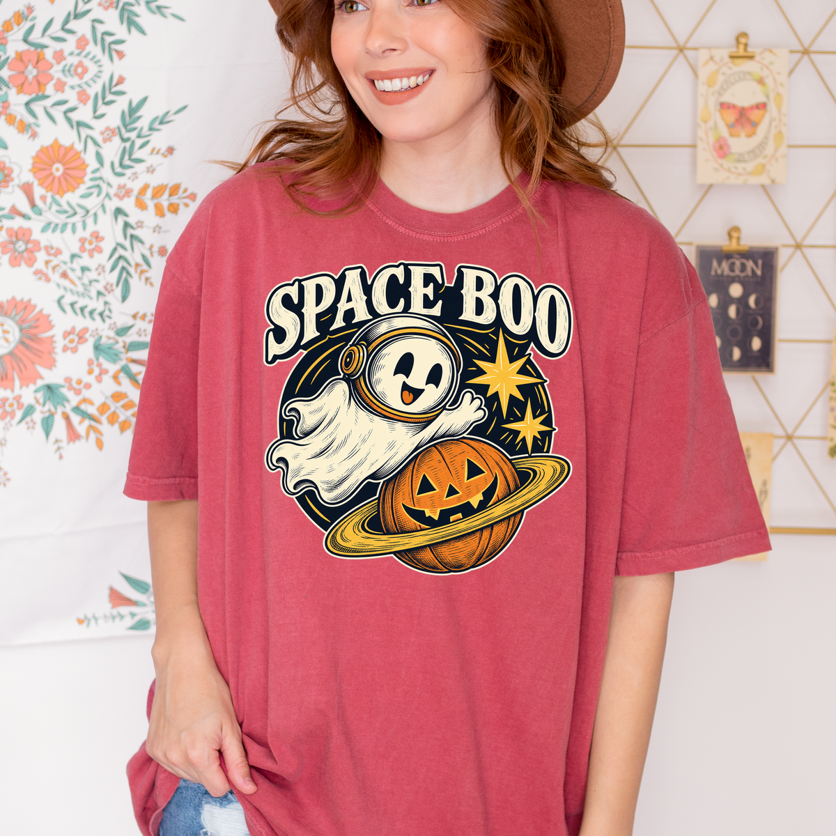 Ghost Astronaut Halloween T-Shirt, Space Boo Pumpkin Planet, Celestial Antique Line Art, Comfort Colors