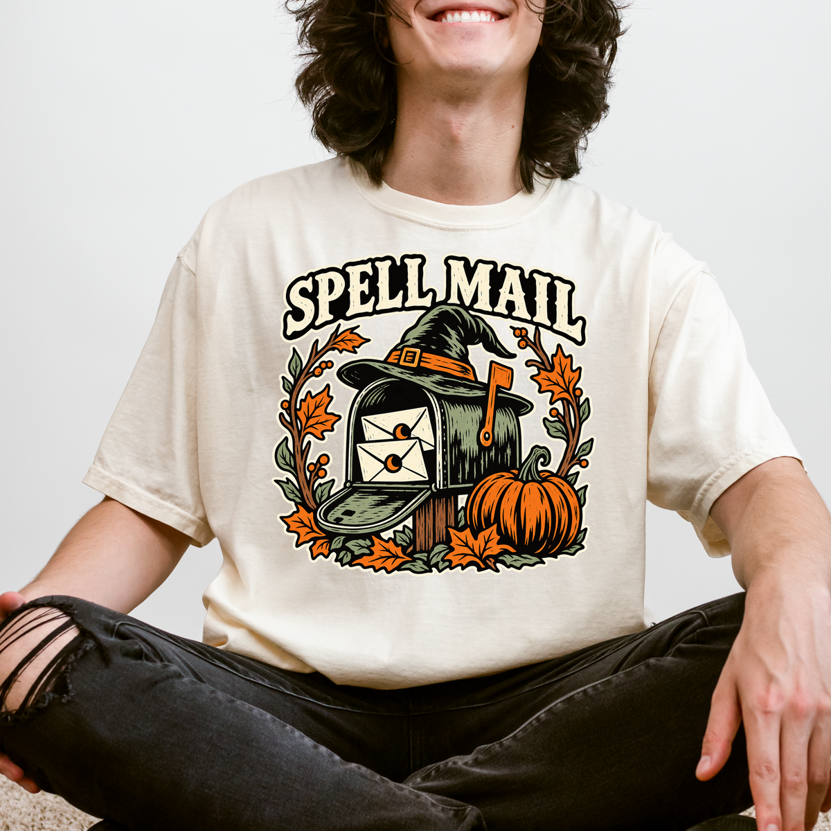 Witch Mailbox Halloween T-Shirt, Spell Mail with Pumpkin, Woodcut Folk Art, Comfort Colors Spooky Season