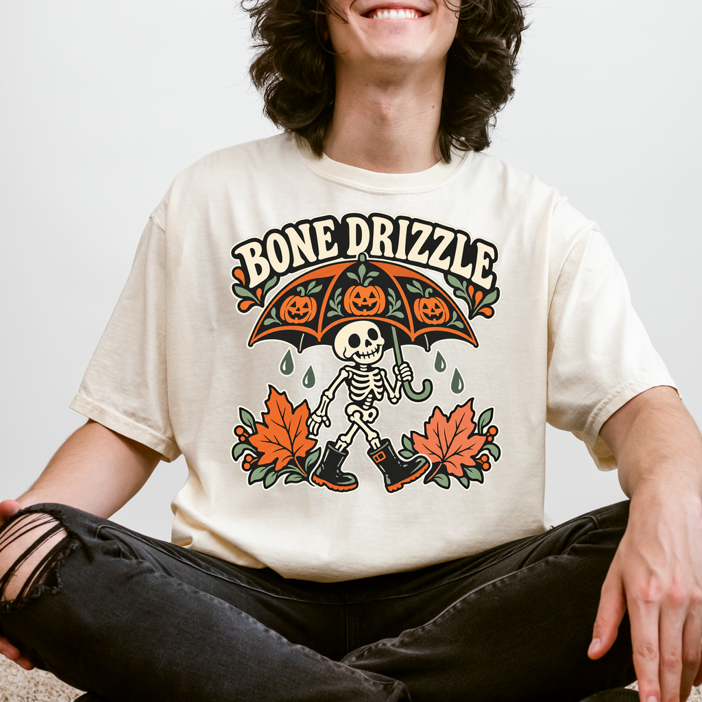Skeleton Halloween T-Shirt, Bone Drizzle Pumpkin Umbrella, Folk Art Spooky Season, Comfort Colors