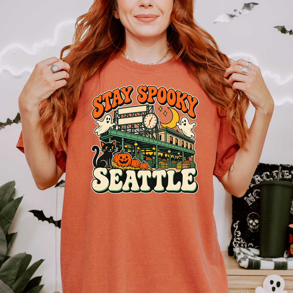 Seattle Halloween T-Shirt, Pike Place Market Black Cat and Ghosts, Retro Spooky Season Comfort Colors