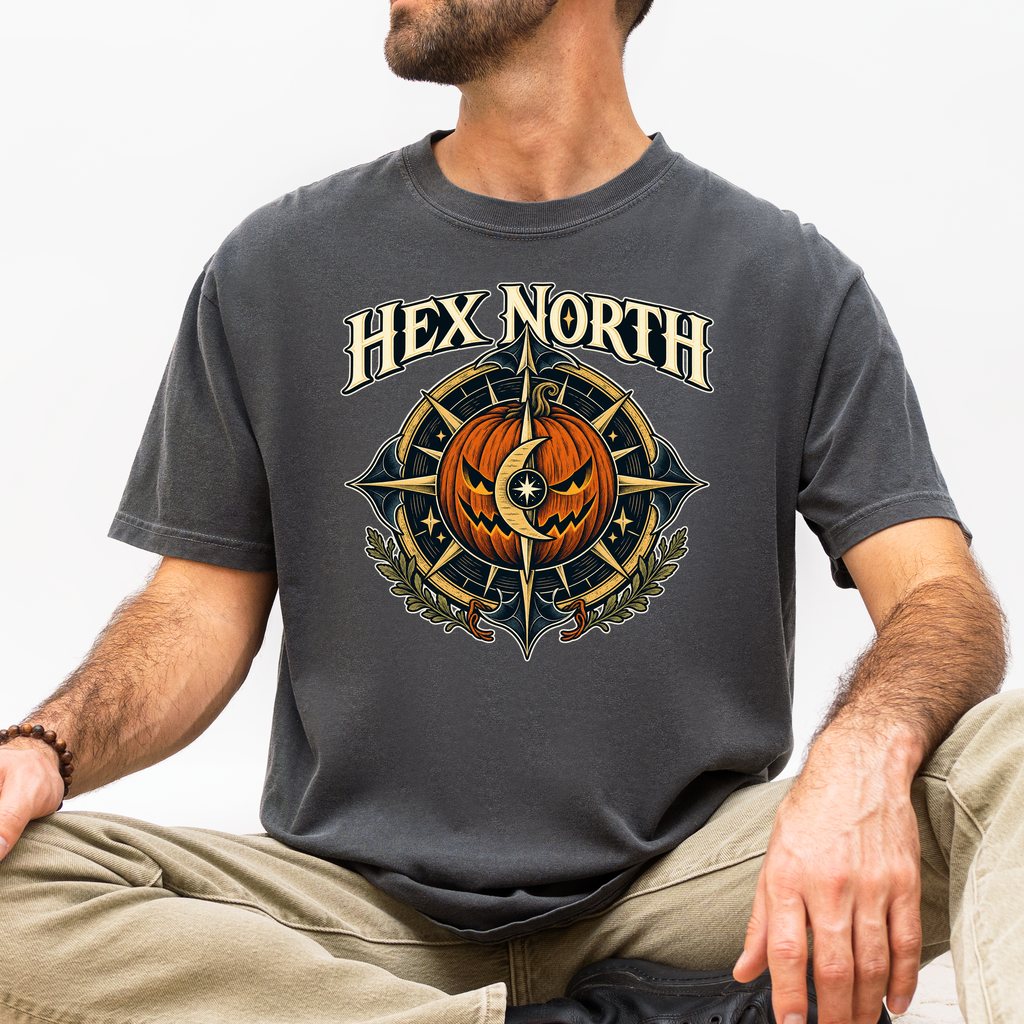 Witch Compass Halloween T-Shirt, Hex North Pumpkin Crescent Design, Celestial Gothic Art, Comfort Colors