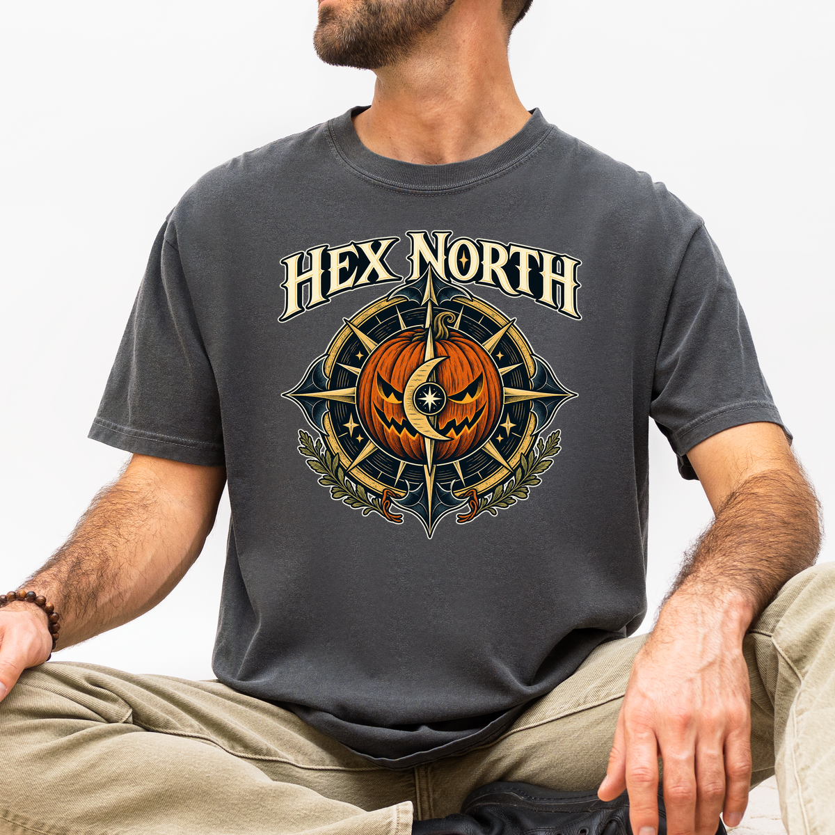 Witch Compass Halloween T-Shirt, Hex North Pumpkin Crescent Design, Celestial Gothic Art, Comfort Colors