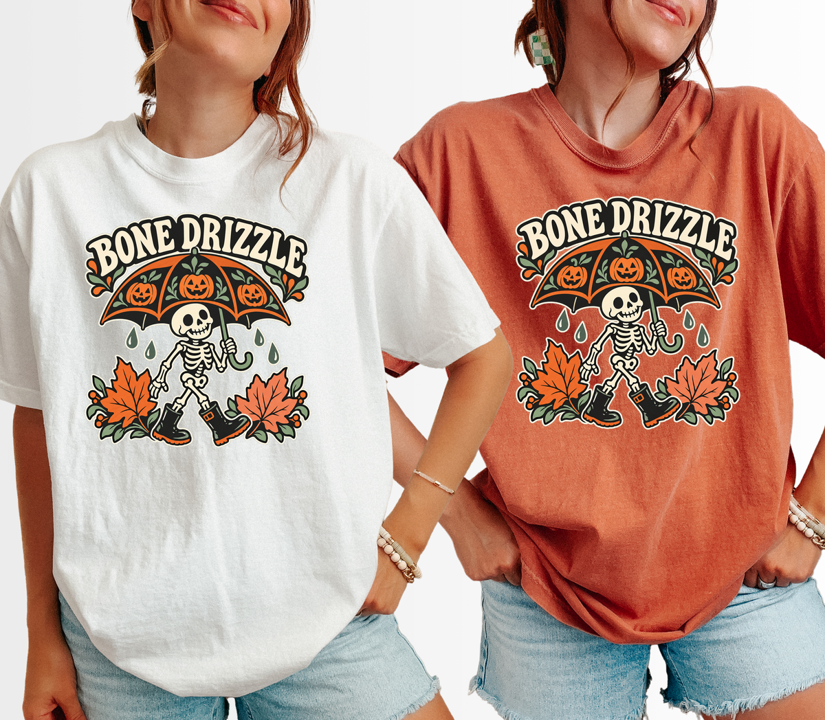 Skeleton Halloween T-Shirt, Bone Drizzle Pumpkin Umbrella, Folk Art Spooky Season, Comfort Colors