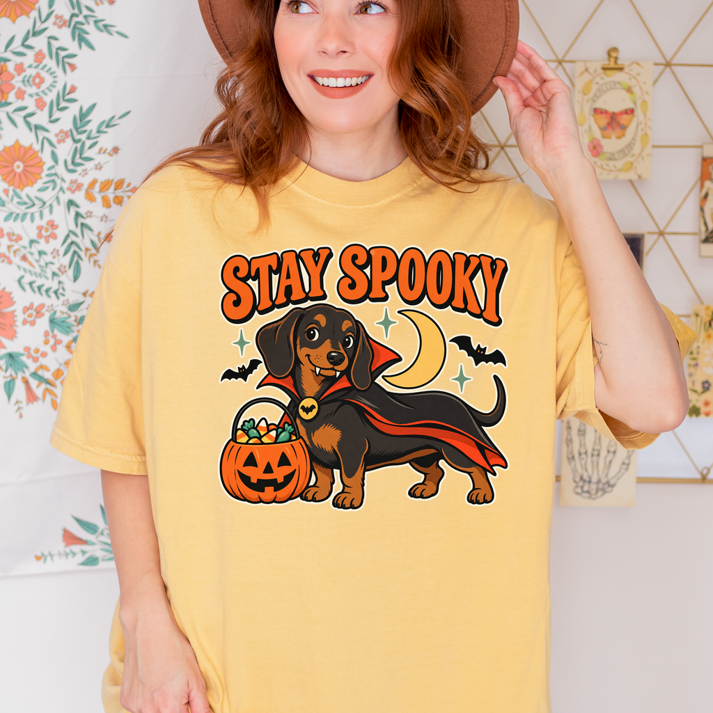 Vampire Dachshund Halloween T-Shirt, Stay Spooky Retro 1950s Cartoon, Pumpkin Candy Bucket, Comfort Colors
