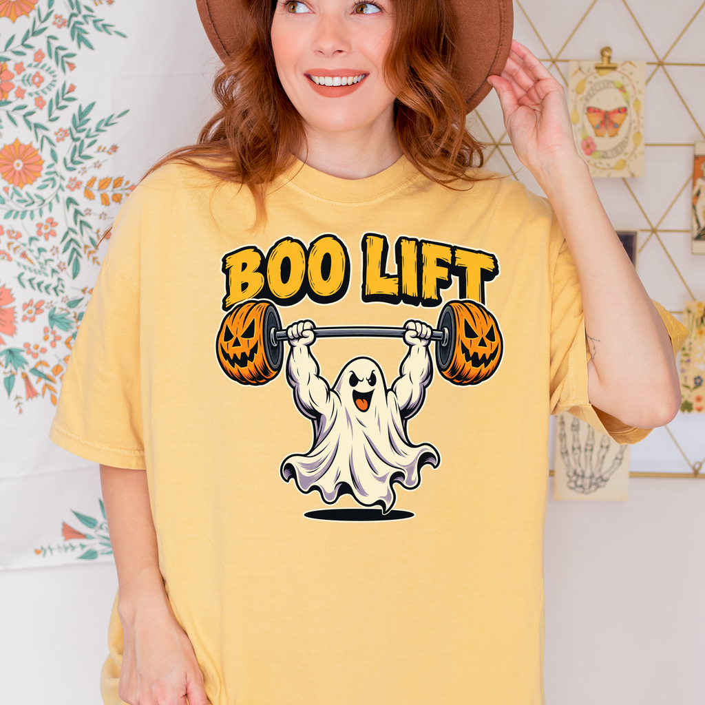 Ghost Weightlifter Halloween T-Shirt, Boo Lift Pumpkin Barbell, Retro Comic Illustration, Comfort Colors