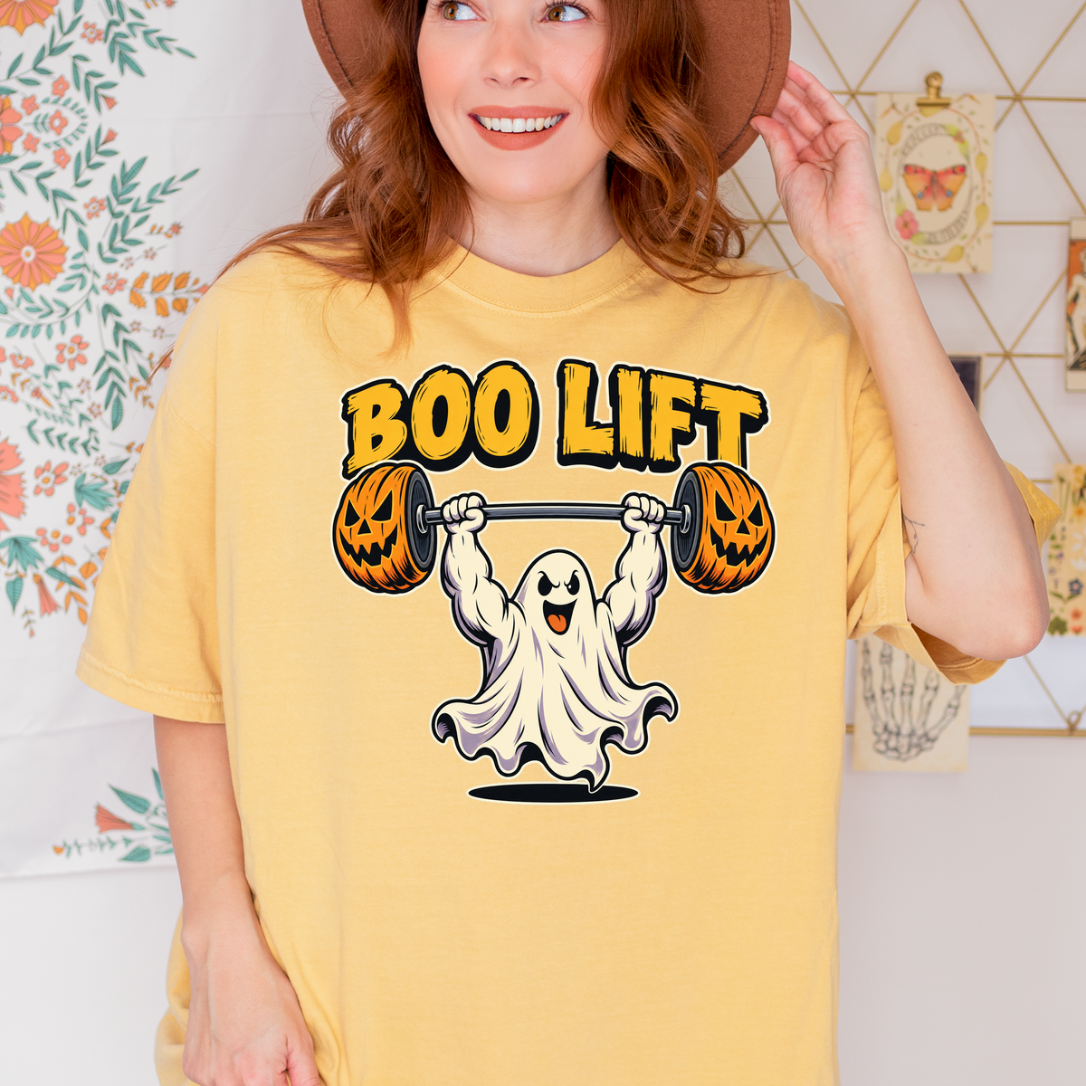 Ghost Weightlifter Halloween T-Shirt, Boo Lift Pumpkin Barbell, Retro Comic Illustration, Comfort Colors