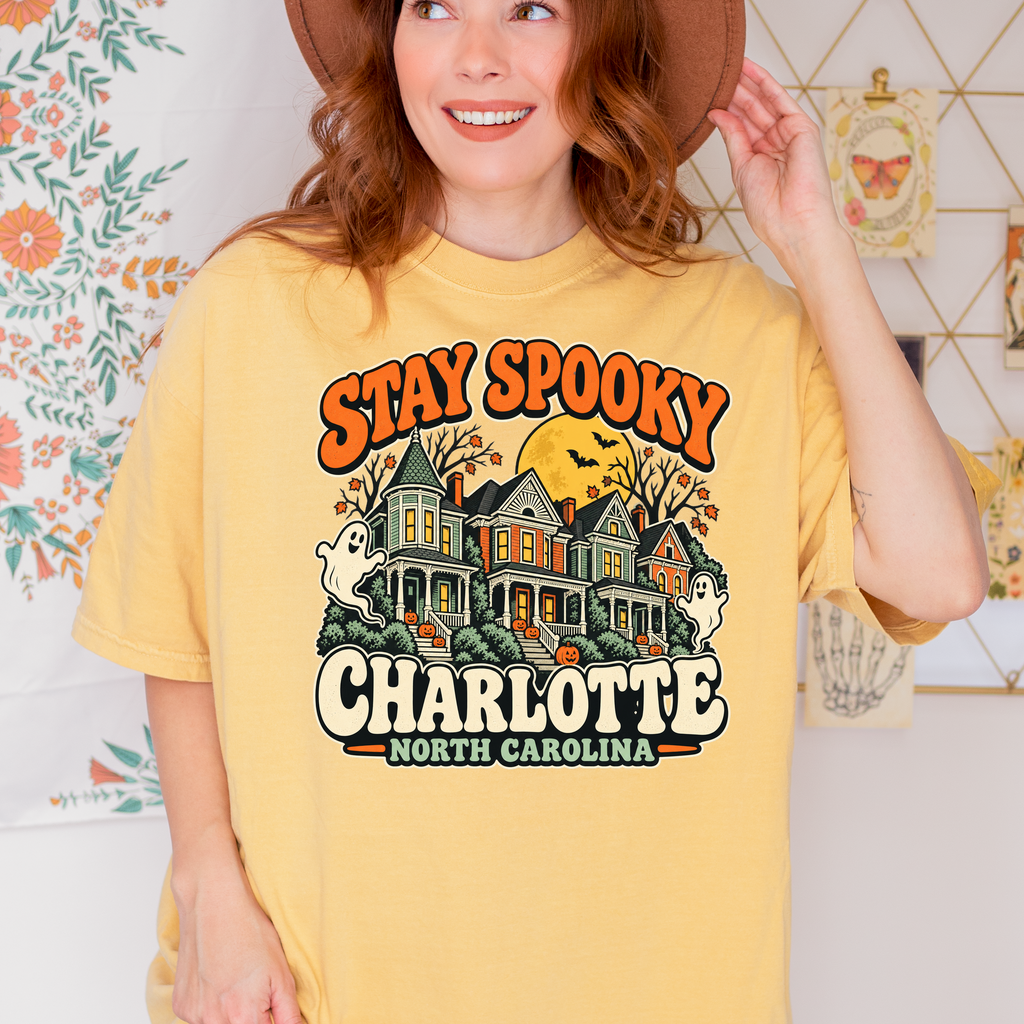 Charlotte Halloween T-Shirt, Fourth Ward Victorian Houses, Retro Ghosts and Pumpkins, Comfort Colors North Carolina