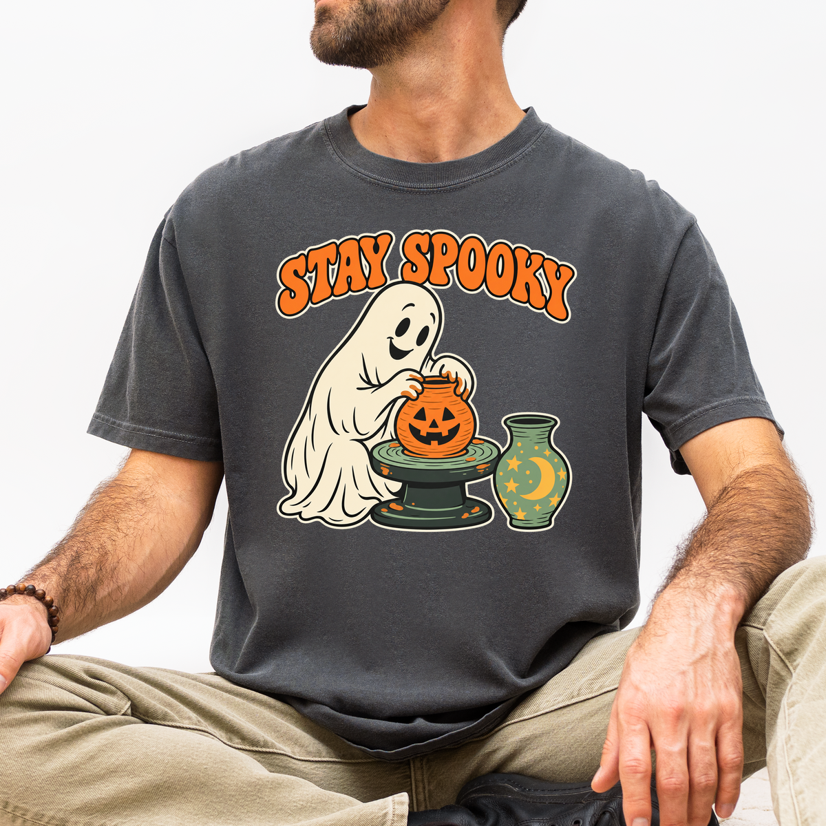 Ghost Pottery Halloween T-Shirt, Stay Spooky Pumpkin Clay Pot, Retro 1950s Cartoon, Comfort Colors Spooky Season
