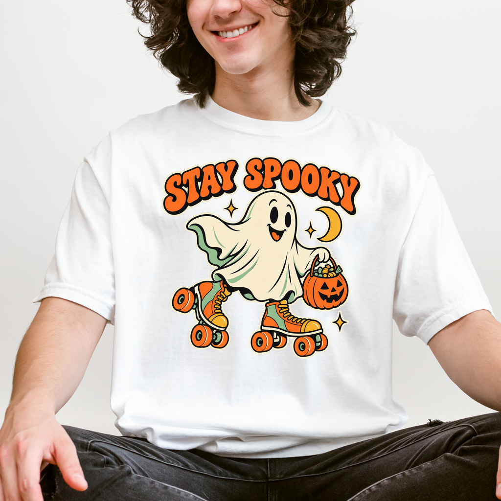 Roller Skating Ghost Halloween T-Shirt, Stay Spooky Retro Cartoon, Pumpkin Candy Bucket, Comfort Colors