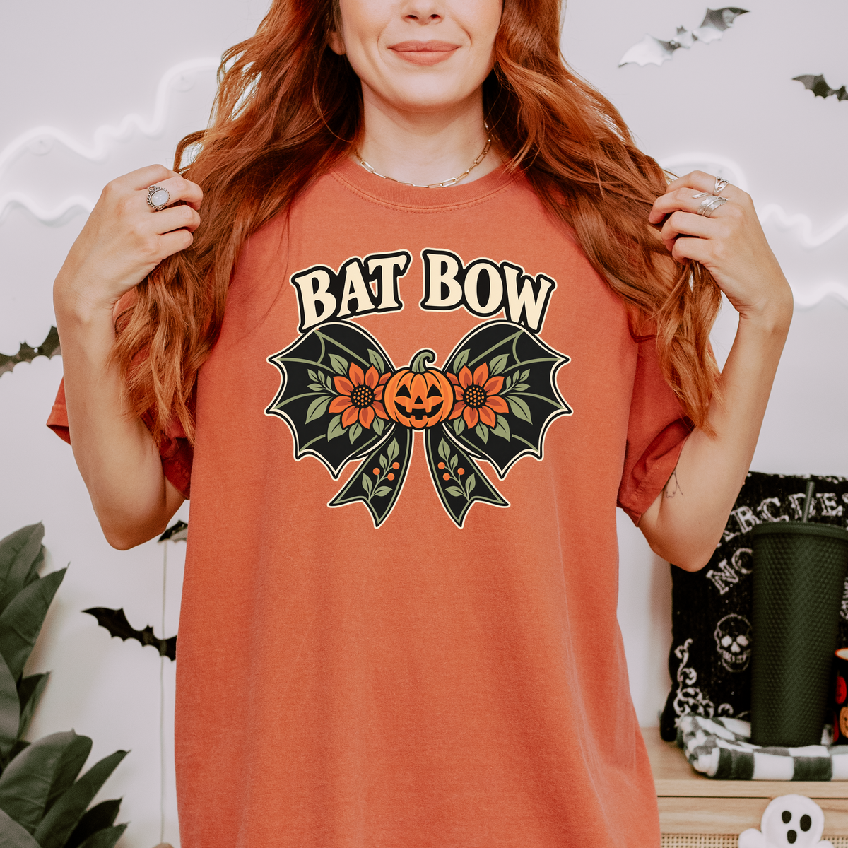 Bat Wing Bow Halloween T-Shirt, Smiling Pumpkin and Autumn Flowers, Folk Art Botanical Design, Comfort Colors