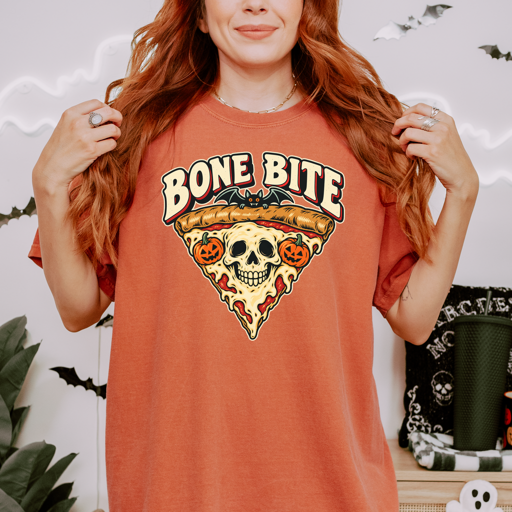 Skeleton Pizza Halloween T-shirt, Bone Bite Retro Diner Skull Slice, Pumpkin and Bat Comfort Colors
