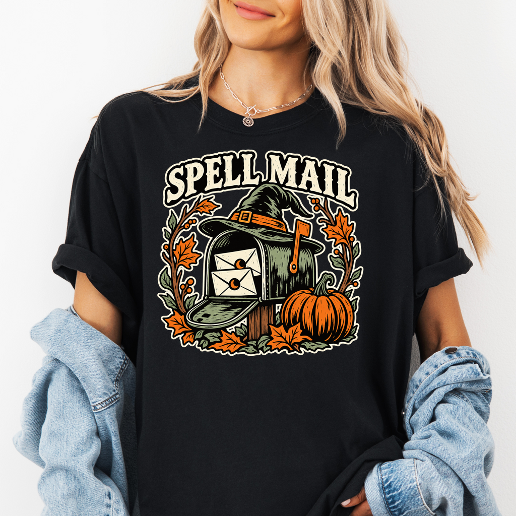Witch Mailbox Halloween T-Shirt, Spell Mail with Pumpkin, Woodcut Folk Art, Comfort Colors Spooky Season