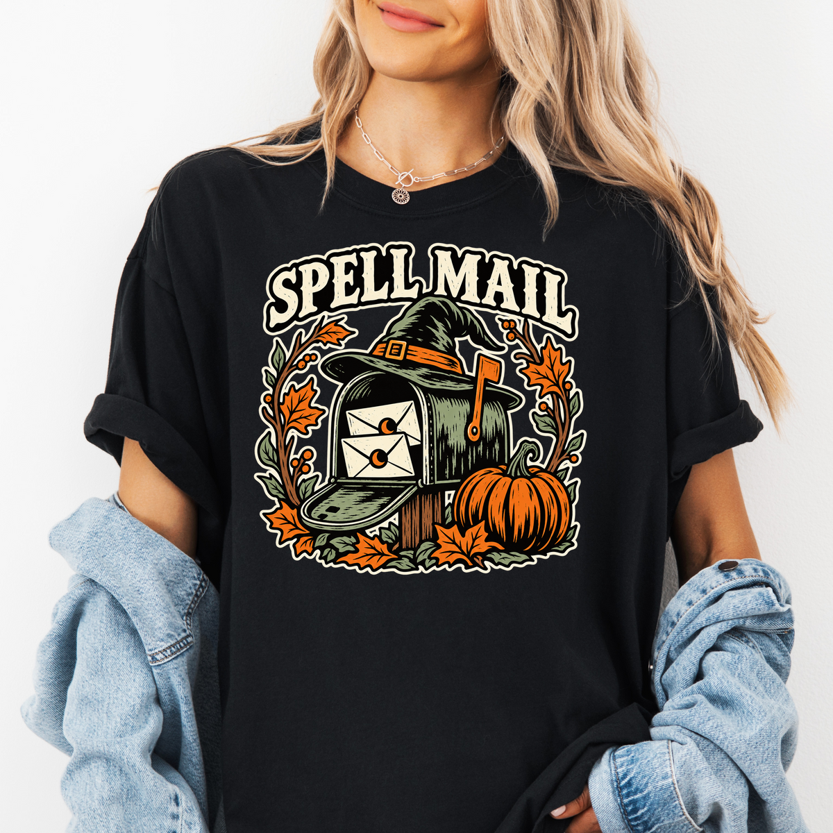 Witch Mailbox Halloween T-Shirt, Spell Mail with Pumpkin, Woodcut Folk Art, Comfort Colors Spooky Season