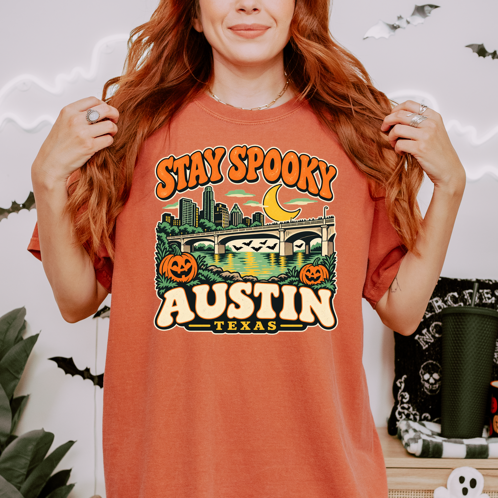 Austin Halloween T-Shirt, Congress Avenue Bridge Bats and Pumpkins, Retro Texas Souvenir, Comfort Colors