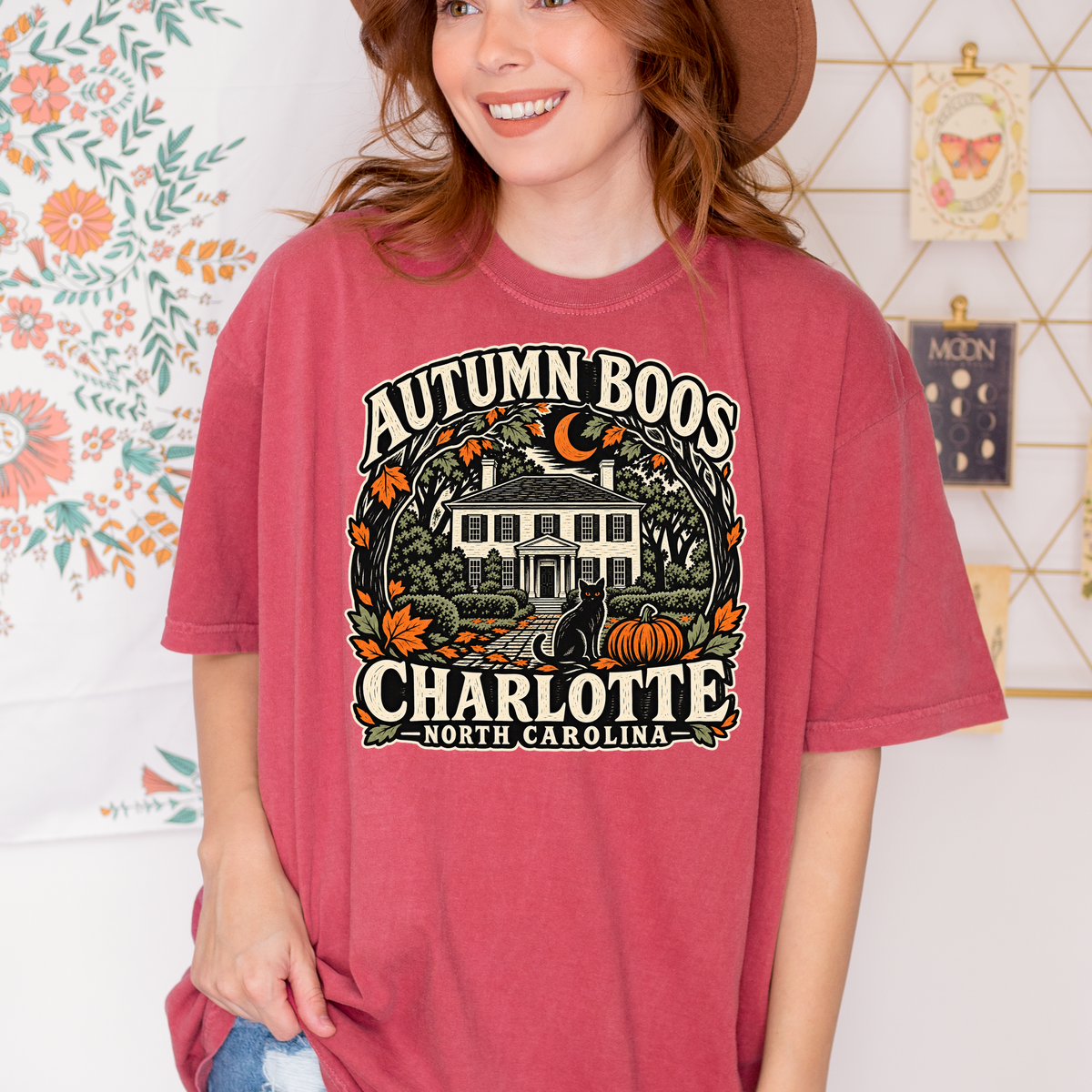 Charlotte Halloween T-Shirt, Historic Rosedale Black Cat and Pumpkin Folk Art, North Carolina Comfort Colors