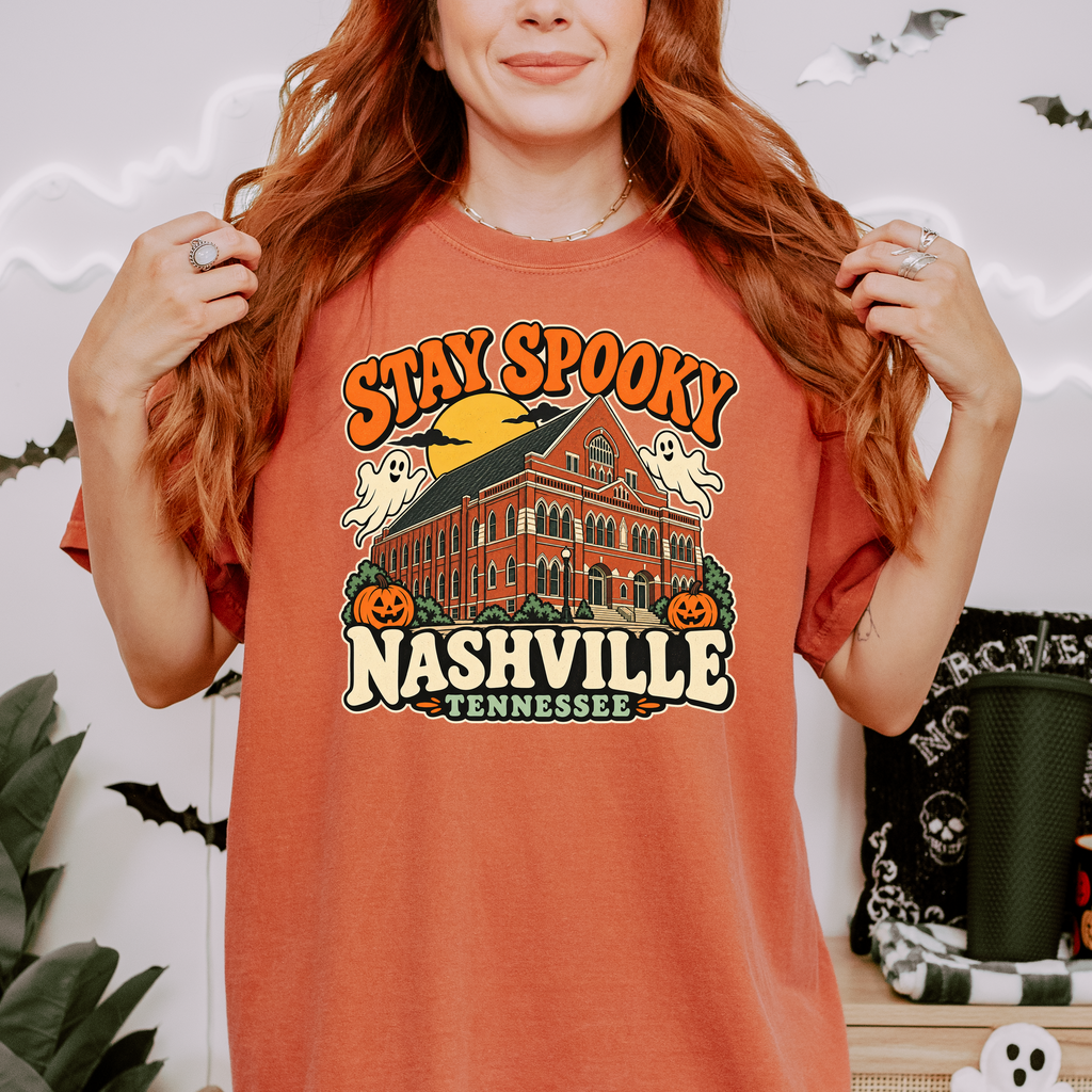 Nashville Halloween T-Shirt, Ryman Auditorium Retro Ghost and Pumpkin Design, Tennessee Souvenir, Comfort Colors