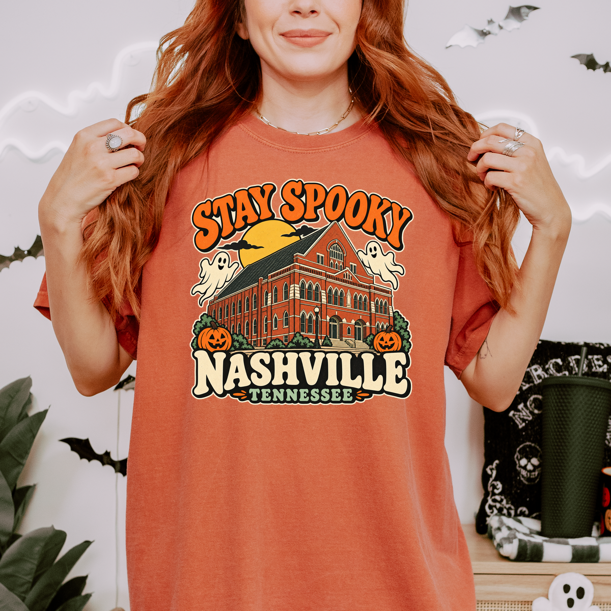 Nashville Halloween T-Shirt, Ryman Auditorium Retro Ghost and Pumpkin Design, Tennessee Souvenir, Comfort Colors