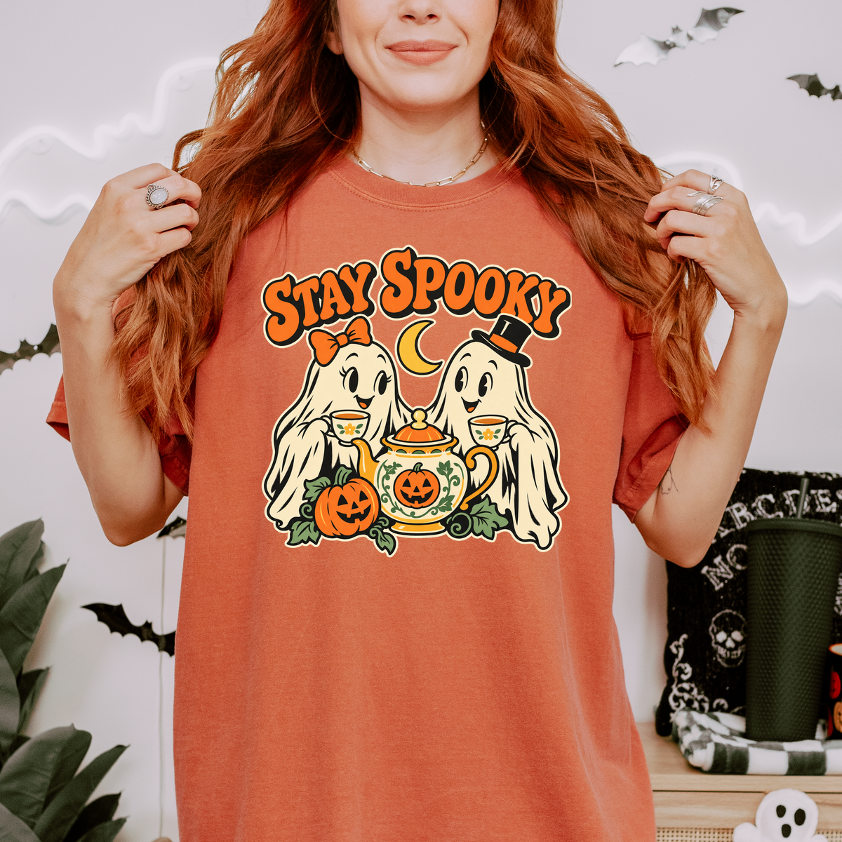 Ghost Tea Party Halloween T-Shirt, Stay Spooky Retro 1950s Cartoon, Pumpkin and Crescent, Comfort Colors