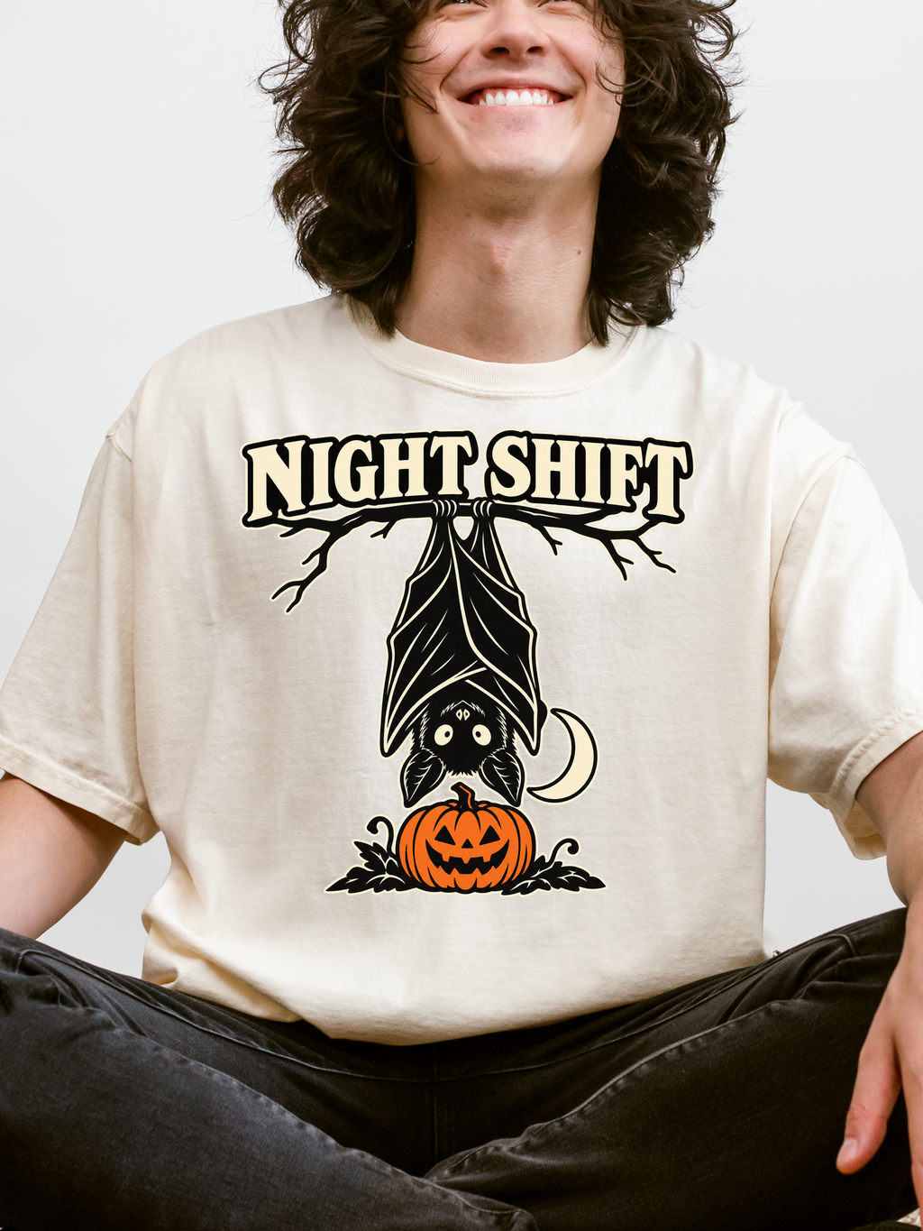 Halloween T-Shirt, Hanging Bat Night Shift Art, Comfort Colors