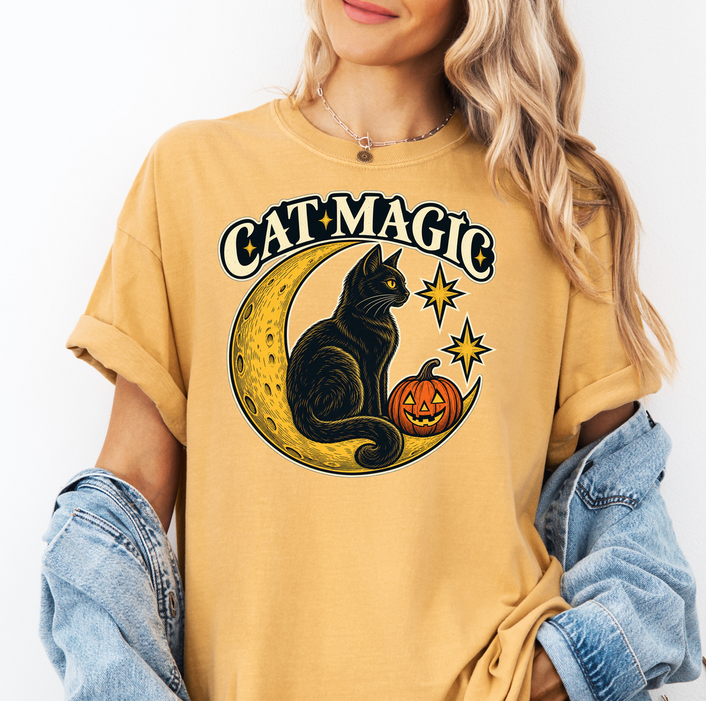Black Cat Halloween T-Shirt, Cat Magic Crescent Moon, Celestial Pumpkin Art, Antique Linework, Comfort Colors