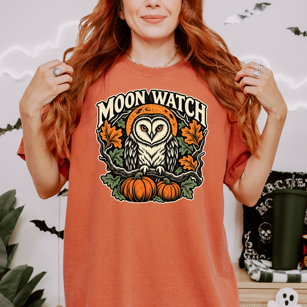Owl Halloween T-Shirt, Moon Watch Pumpkin Woodcut Folk Art, Autumn Moon Comfort Colors