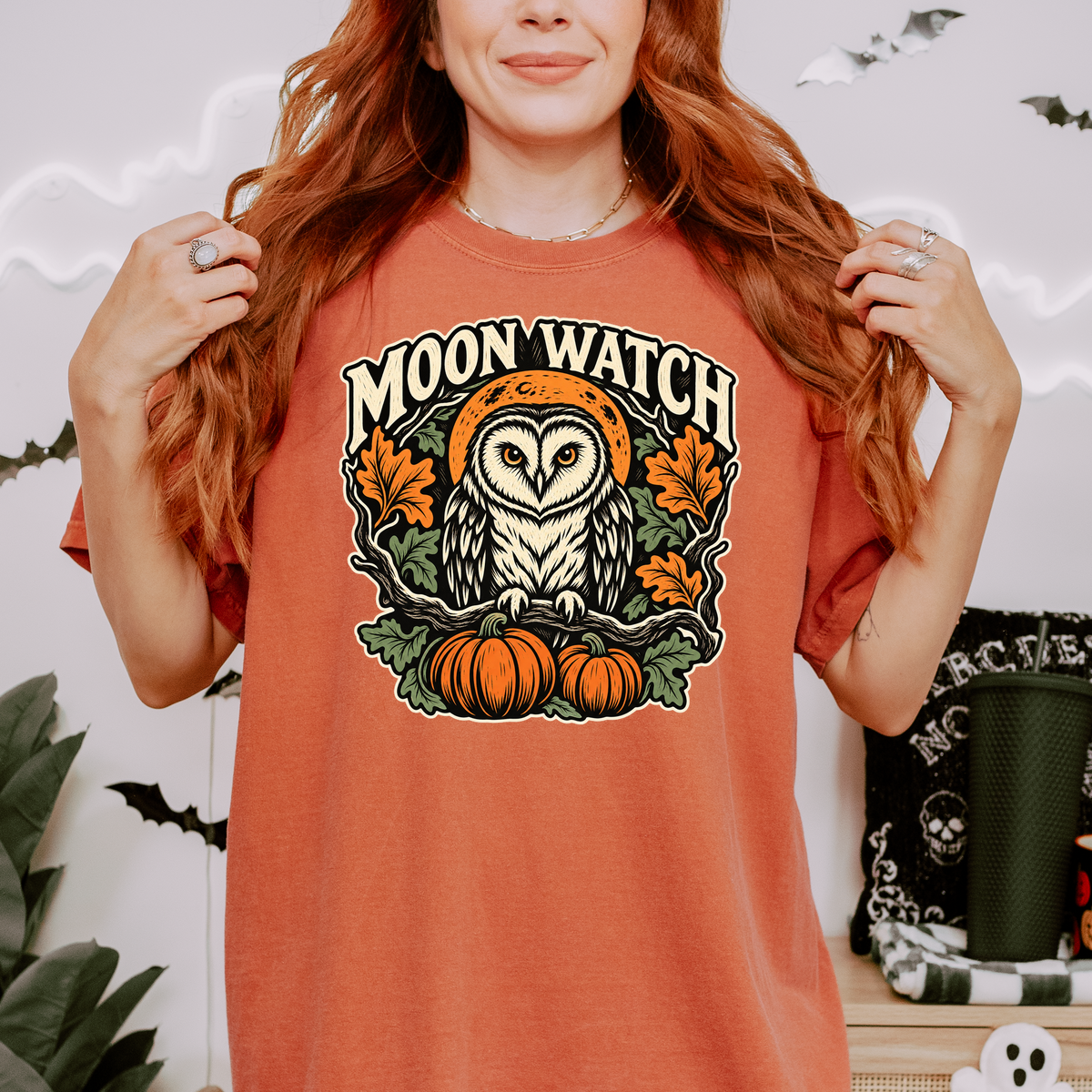 Owl Halloween T-Shirt, Moon Watch Pumpkin Woodcut Folk Art, Autumn Moon Comfort Colors