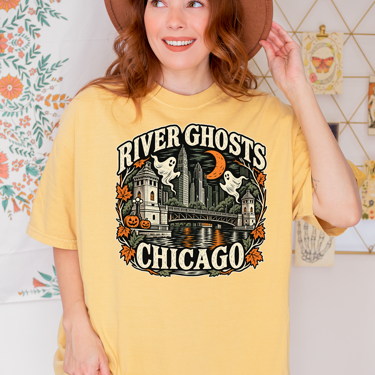 Chicago Halloween T-Shirt, DuSable Bridge River Ghosts, Comfort Colors Folk Art, Illinois Spooky Season Souvenir