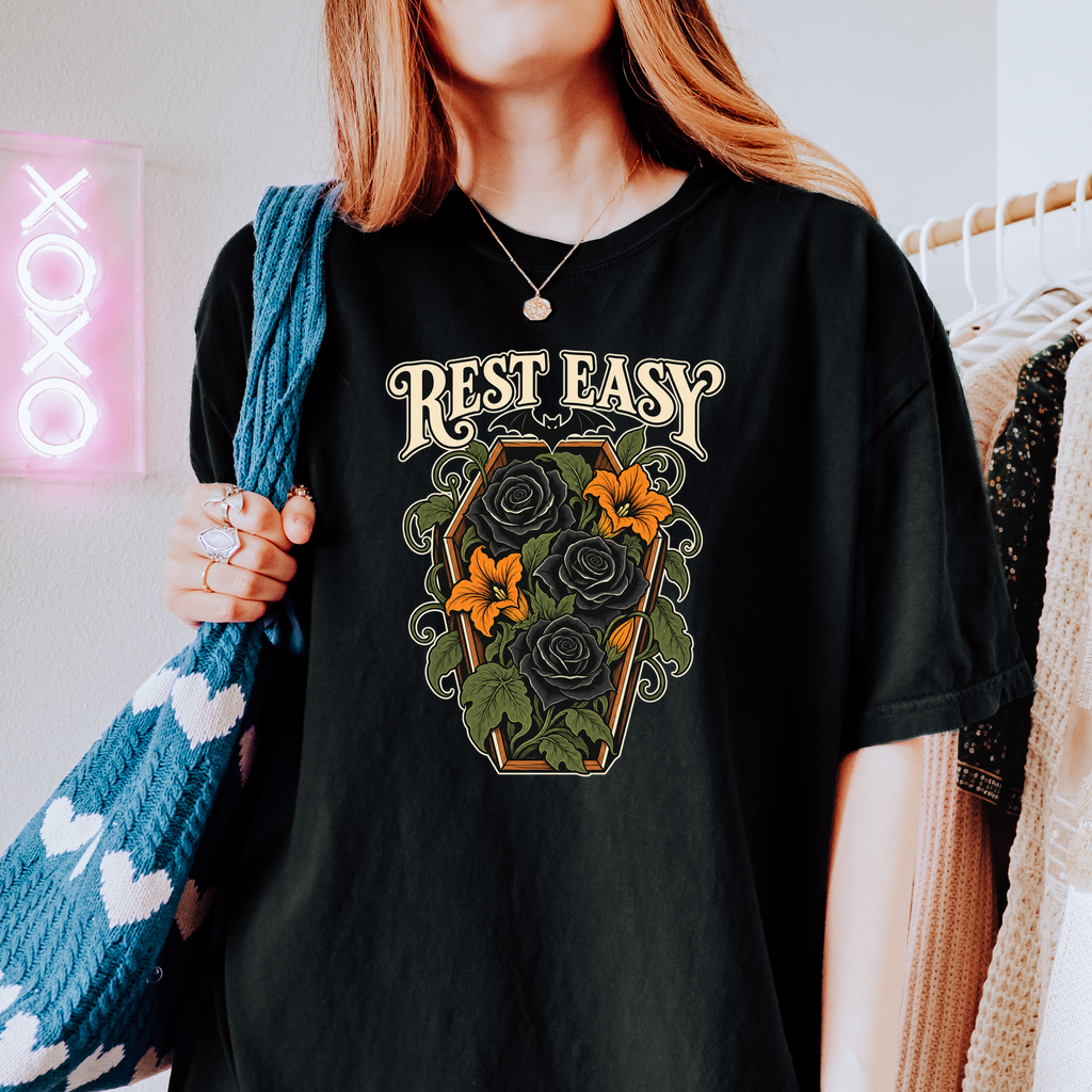 Coffin Flower Bed Halloween T-Shirt, Rest Easy Black Roses, Art Nouveau Botanical, Comfort Colors