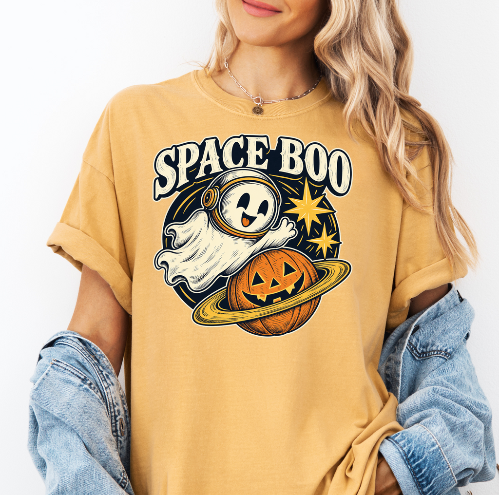 Ghost Astronaut Halloween T-Shirt, Space Boo Pumpkin Planet, Celestial Antique Line Art, Comfort Colors