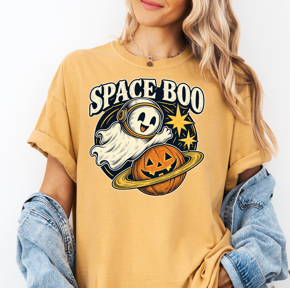 Ghost Astronaut Halloween T-Shirt, Space Boo Pumpkin Planet, Celestial Antique Line Art, Comfort Colors