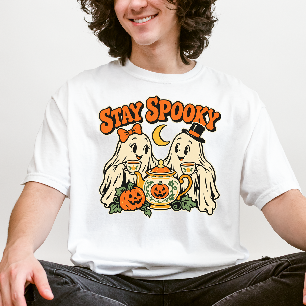 Ghost Tea Party Halloween T-Shirt, Stay Spooky Retro 1950s Cartoon, Pumpkin and Crescent, Comfort Colors
