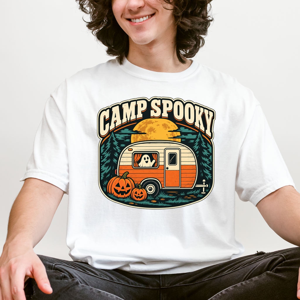 Pumpkin Camper Halloween T-Shirt, Camp Spooky Ghost Trailer, Retro Harvest Moon, Comfort Colors