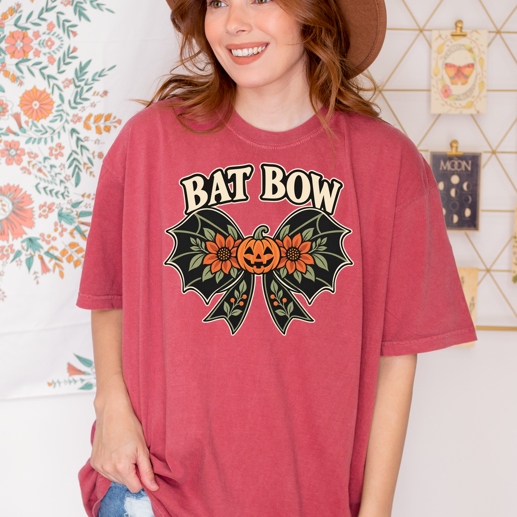 Bat Wing Bow Halloween T-Shirt, Smiling Pumpkin and Autumn Flowers, Folk Art Botanical Design, Comfort Colors