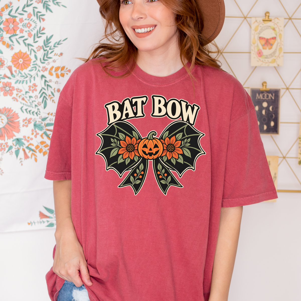 Bat Wing Bow Halloween T-Shirt, Smiling Pumpkin and Autumn Flowers, Folk Art Botanical Design, Comfort Colors