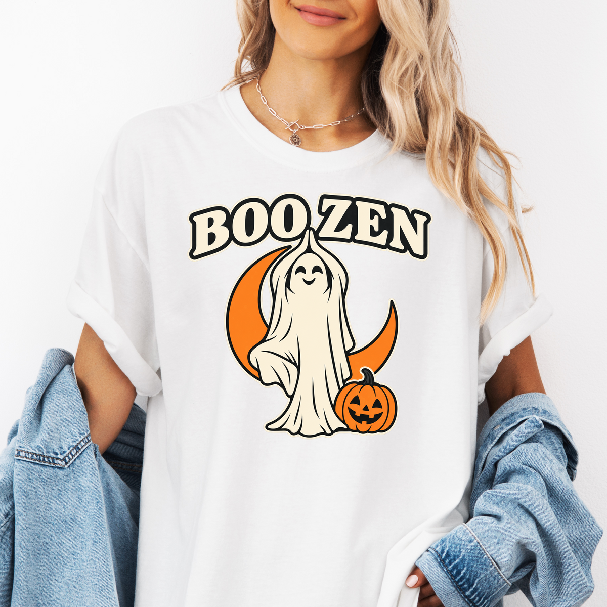 Ghost Yoga Halloween T-Shirt, Boo Zen Tree Pose, Minimalist Pumpkin and Crescent Design, Comfort Colors