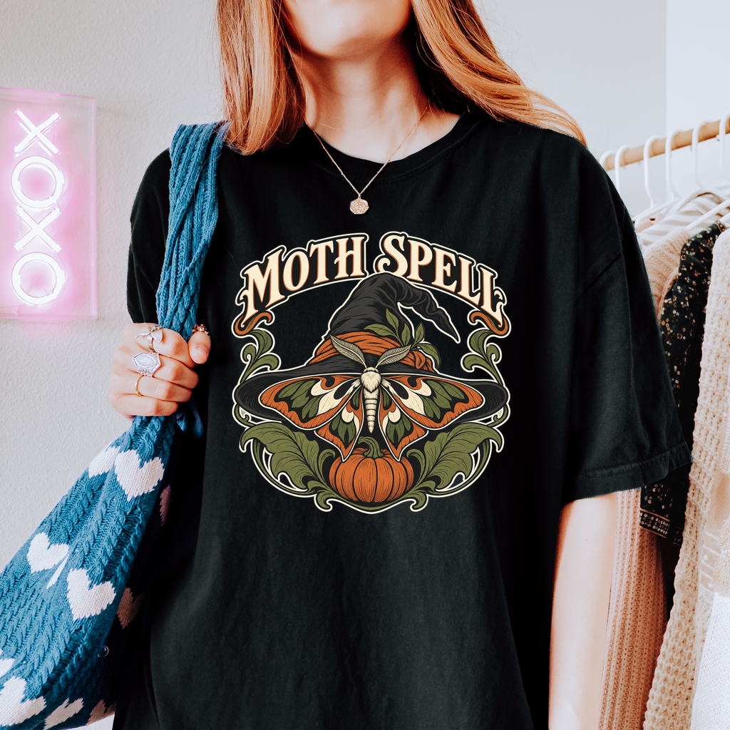Moth Wing Witch Hat Halloween T-Shirt, Art Nouveau Pumpkin Botanical Design, Comfort Colors Spooky Season
