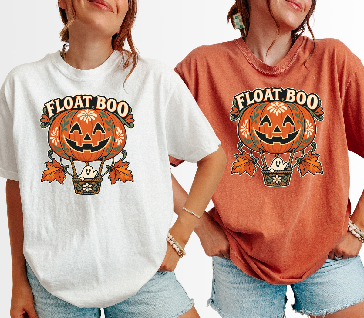 Pumpkin Hot Air Balloon Halloween T-Shirt, Friendly Ghost Basket, Folk Art Spooky Season, Comfort Colors