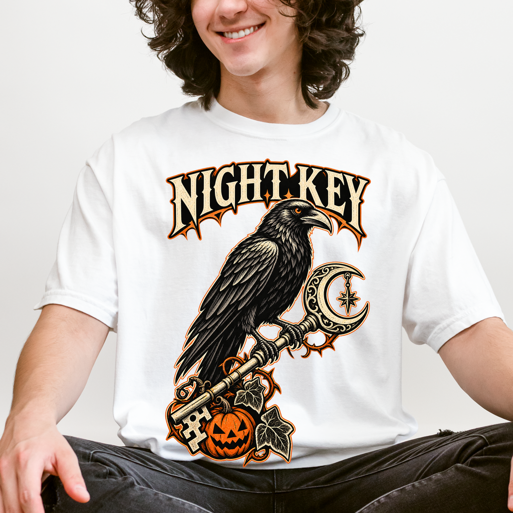 Raven Halloween T-Shirt, Ornate Skeleton Key and Pumpkin, Gothic Woodcut Spooky Season Art, Comfort Colors