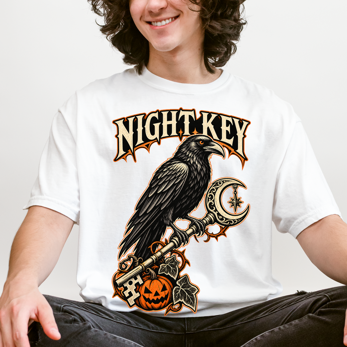 Raven Halloween T-Shirt, Ornate Skeleton Key and Pumpkin, Gothic Woodcut Spooky Season Art, Comfort Colors