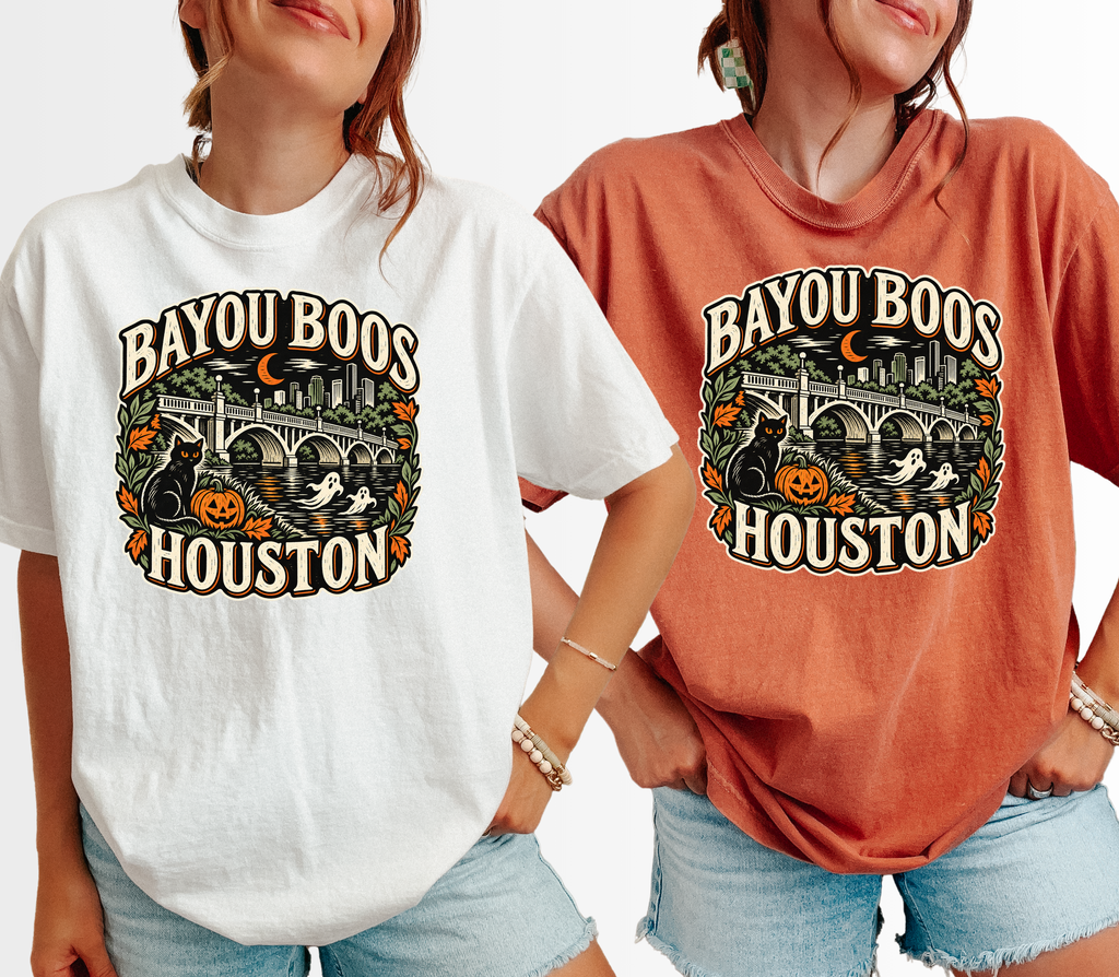 Houston Halloween T-Shirt, Sabine Street Bridge Bayou Boos, Black Cat Folk Art, Comfort Colors Texas Souvenir