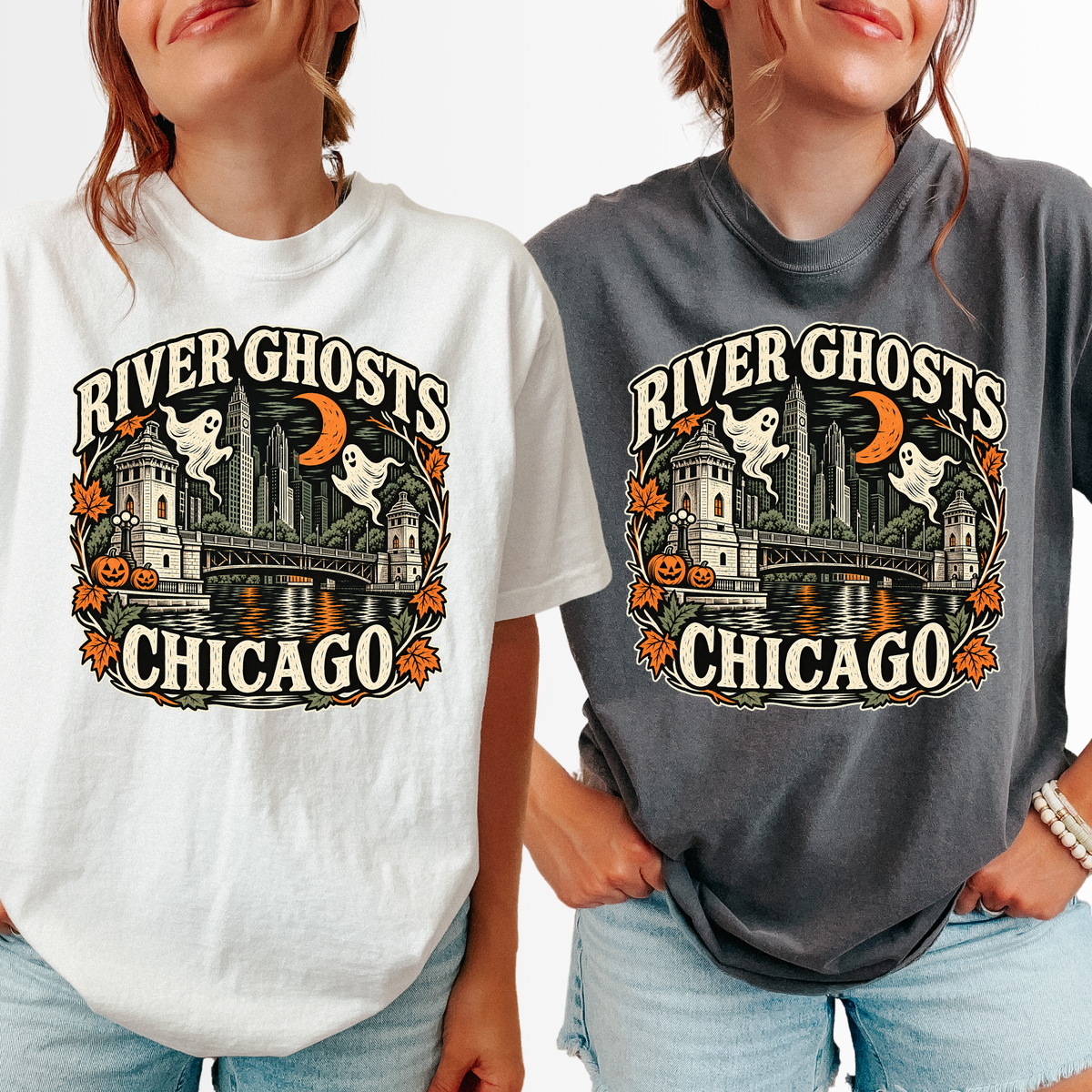 Chicago Halloween T-Shirt, DuSable Bridge River Ghosts, Comfort Colors Folk Art, Illinois Spooky Season Souvenir
