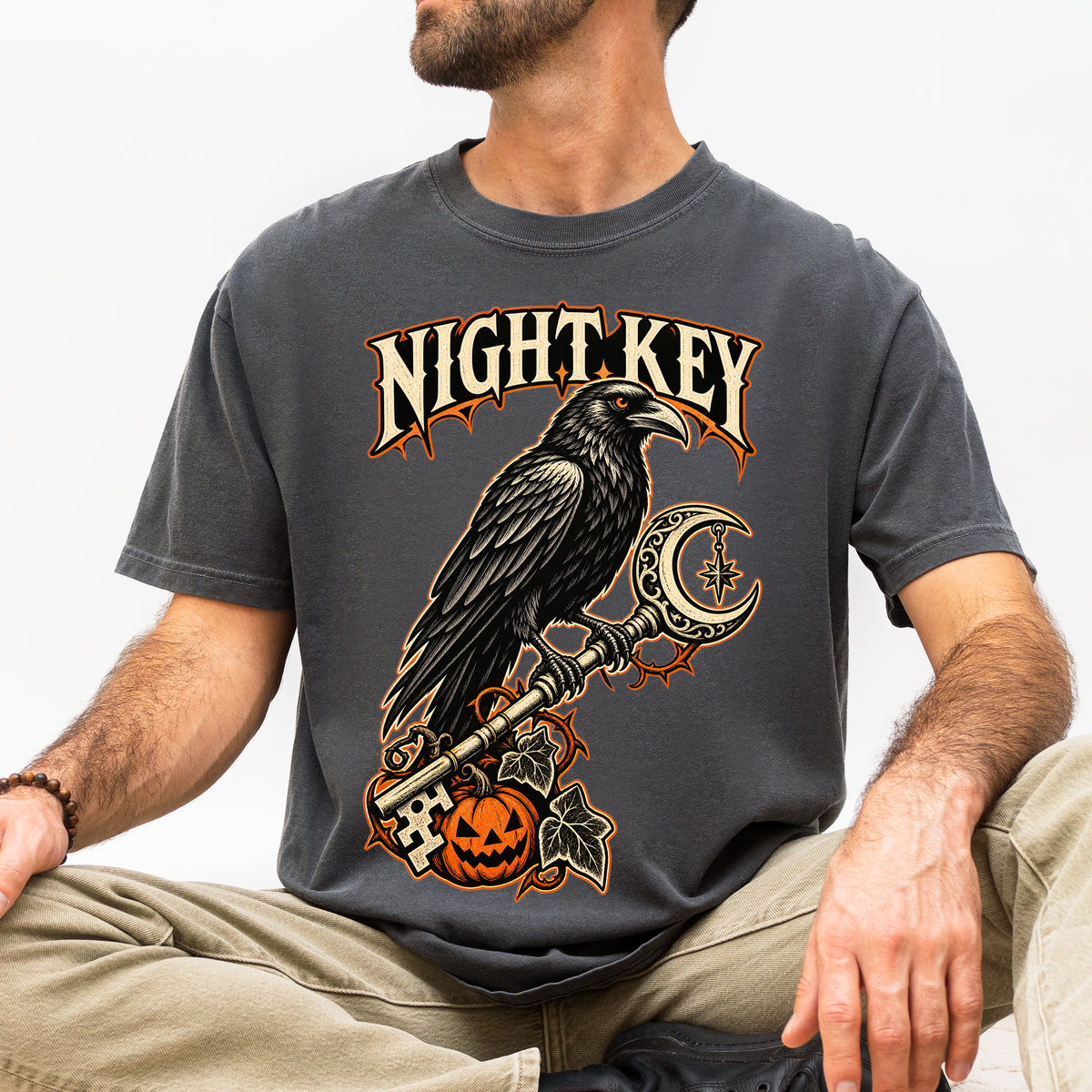 Raven Halloween T-Shirt, Ornate Skeleton Key and Pumpkin, Gothic Woodcut Spooky Season Art, Comfort Colors