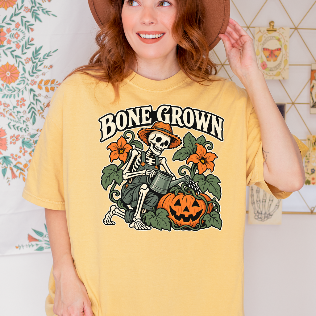 Skeleton Halloween T-Shirt, Bone Grown Pumpkin Garden Folk Art, Botanical Spooky Season Comfort Colors