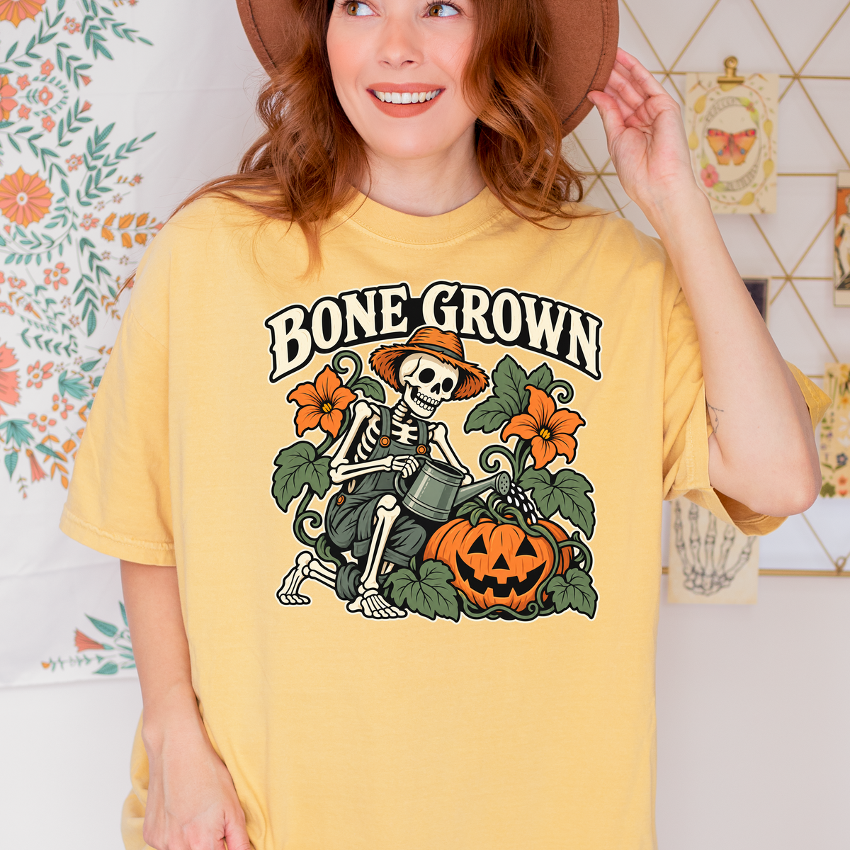 Skeleton Halloween T-Shirt, Bone Grown Pumpkin Garden Folk Art, Botanical Spooky Season Comfort Colors
