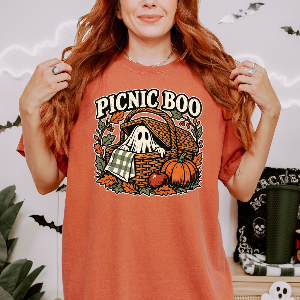 Ghost Picnic Basket Halloween T-Shirt, Picnic Boo Folk Art, Pumpkin Woodcut Illustration, Comfort Colors