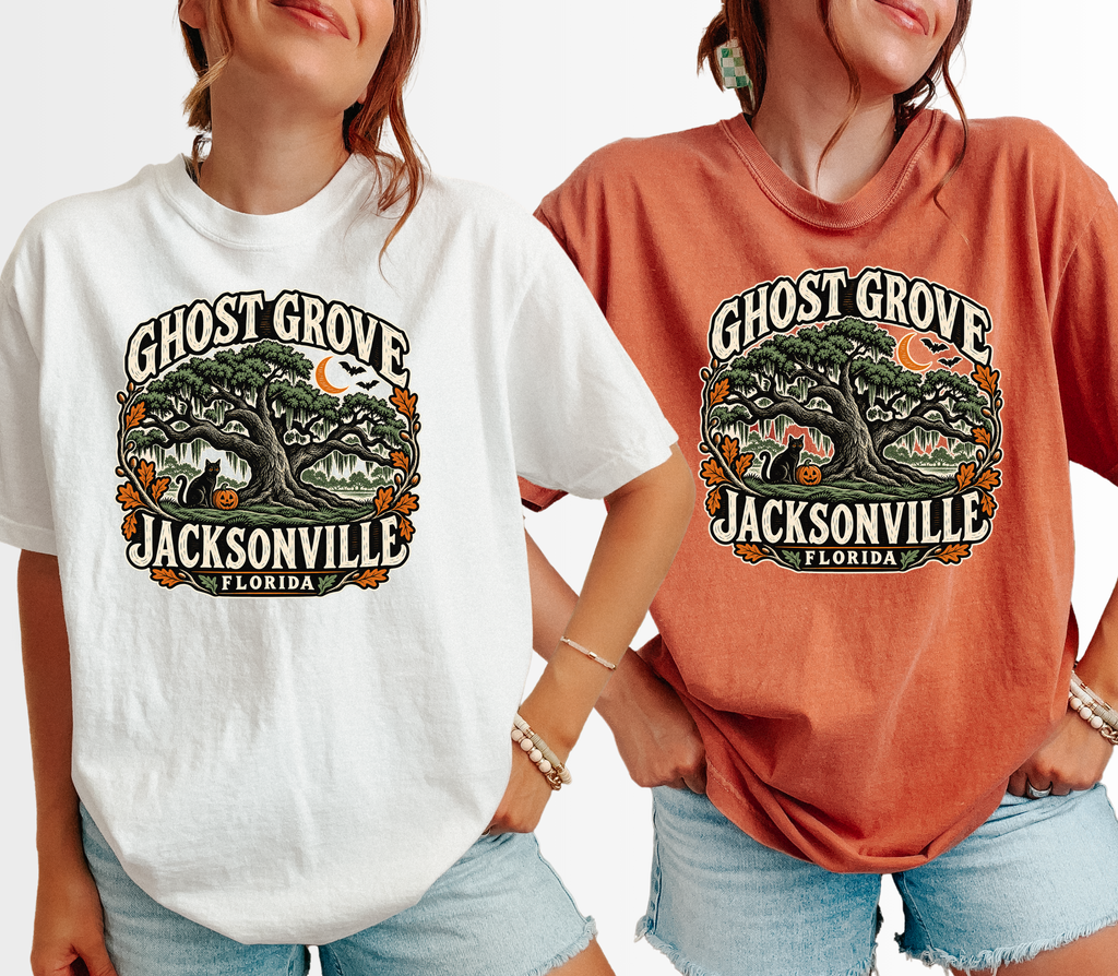 Jacksonville Halloween T-Shirt, Treaty Oak Black Cat and Pumpkin Folk Art, Florida Souvenir, Comfort Colors