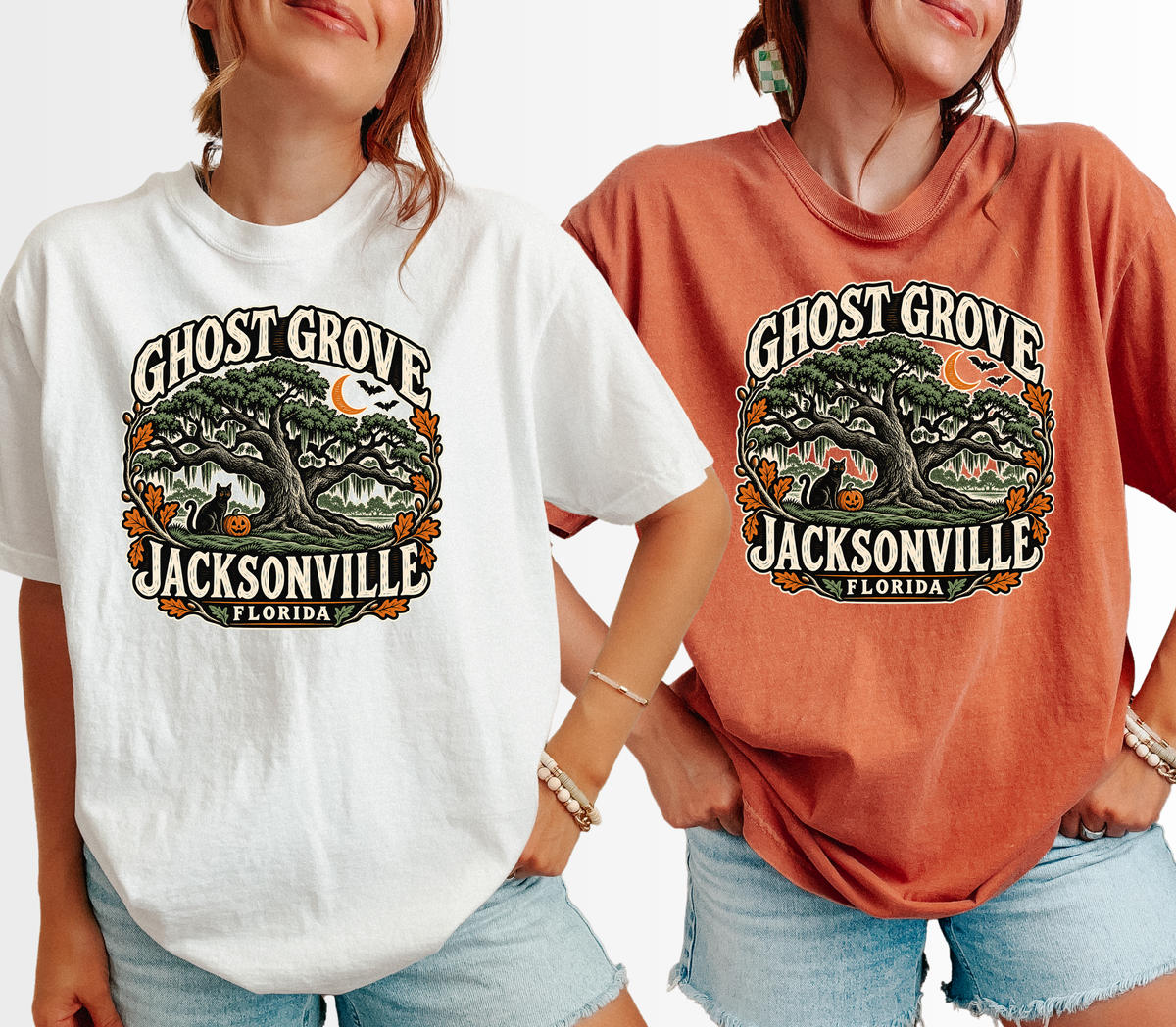 Jacksonville Halloween T-Shirt, Treaty Oak Black Cat and Pumpkin Folk Art, Florida Souvenir, Comfort Colors
